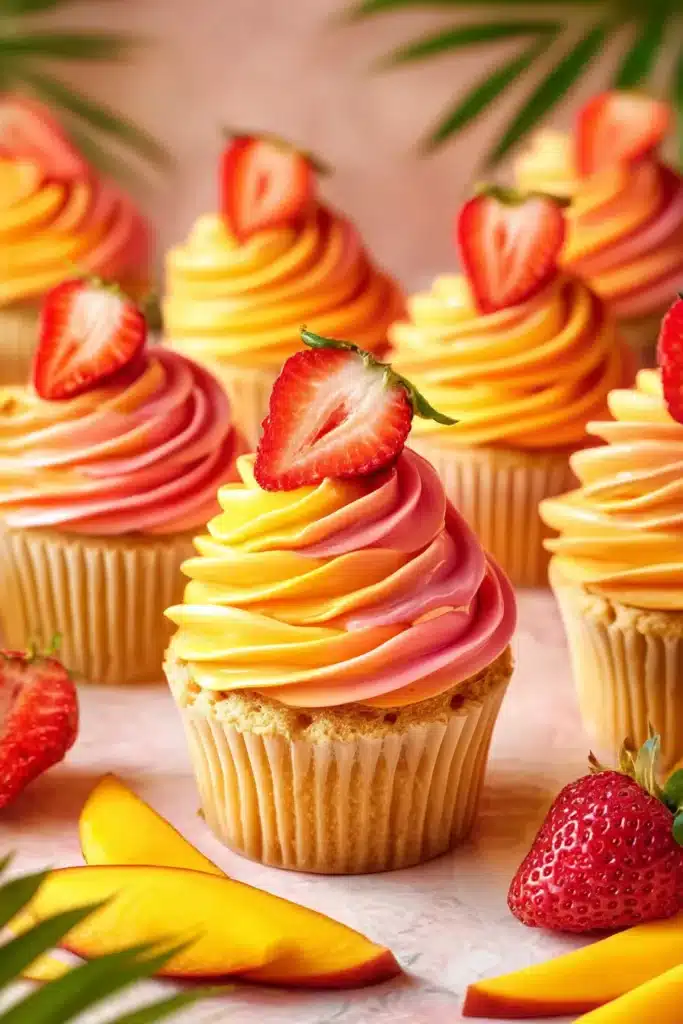 Mango Strawberry Sunset Cupcakes 1 Mango Strawberry Sunset Cupcakes with colorful tropical frosting and fresh strawberries
