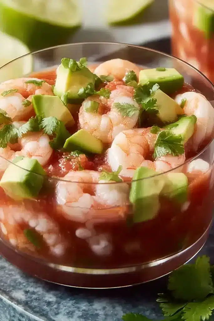 Mexican Shrimp Cocktail Recipe 2 Mexican shrimp cocktail with avocado cilantro and tomato sauce in bowl