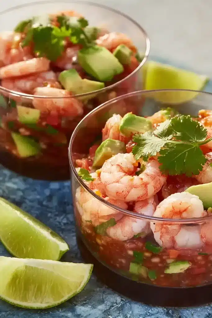 Mexican Shrimp Cocktail Recipe 1 Mexican shrimp cocktail with avocado and lime in glass cups