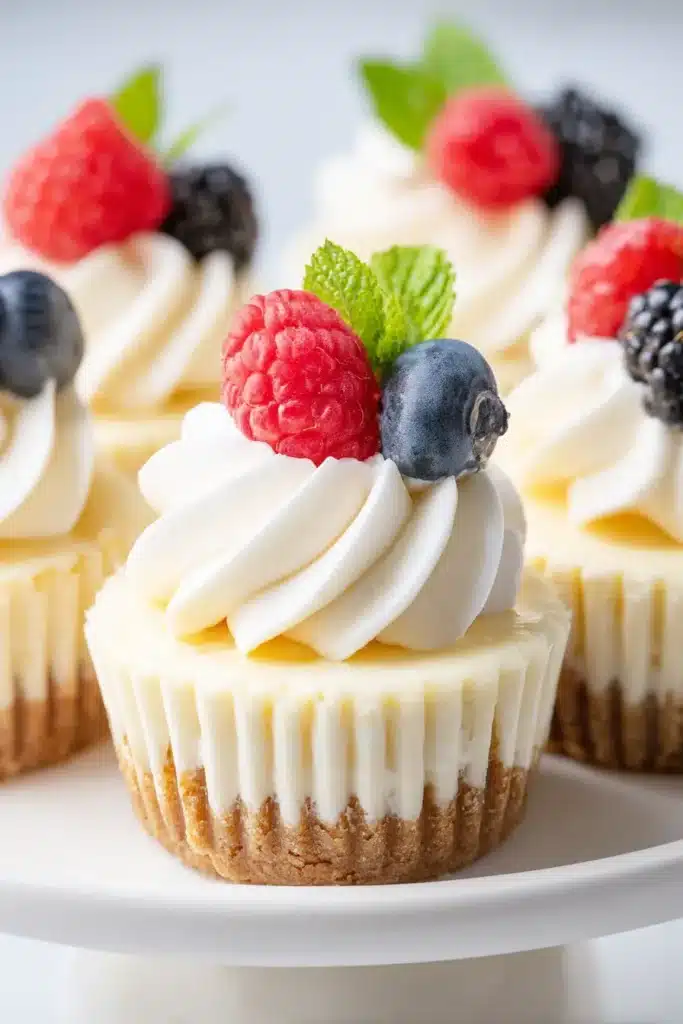 Mini Cheesecake Cups 1 Mini Cheesecake Cups topped with whipped cream, raspberries, blueberries, and mint leaves