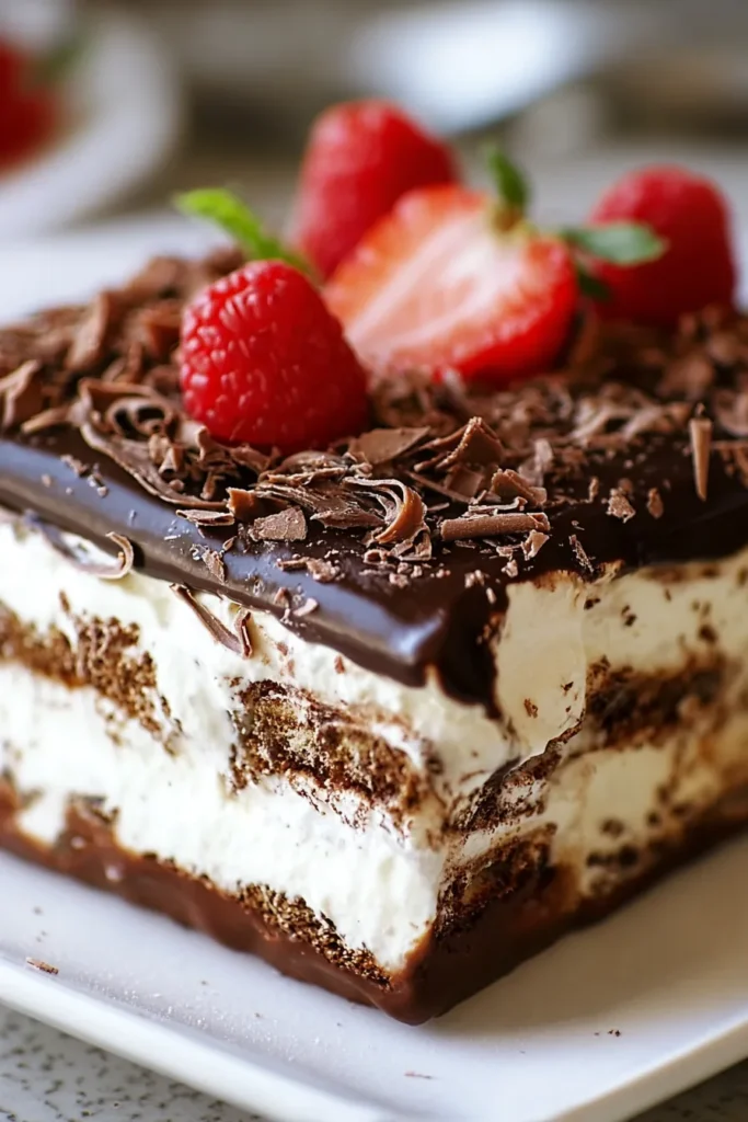 NO BAKE CHOCOLATE ECLAIR CAKE 1 No Bake Chocolate Eclair Cake topped with berries and chocolate curls