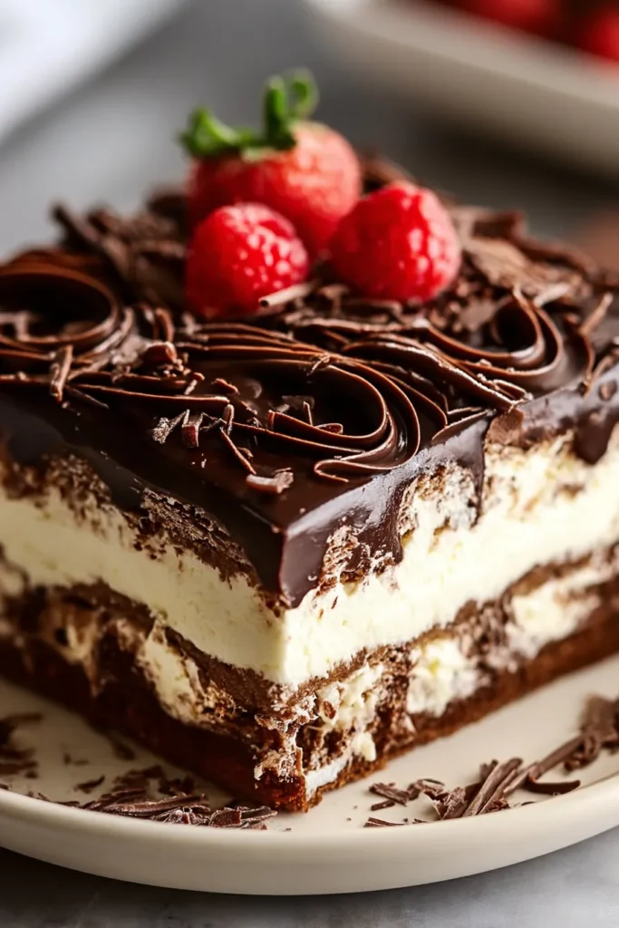 NO BAKE CHOCOLATE ECLAIR CAKE 2 No Bake Chocolate Eclair Cake slice with creamy layers and chocolate topping