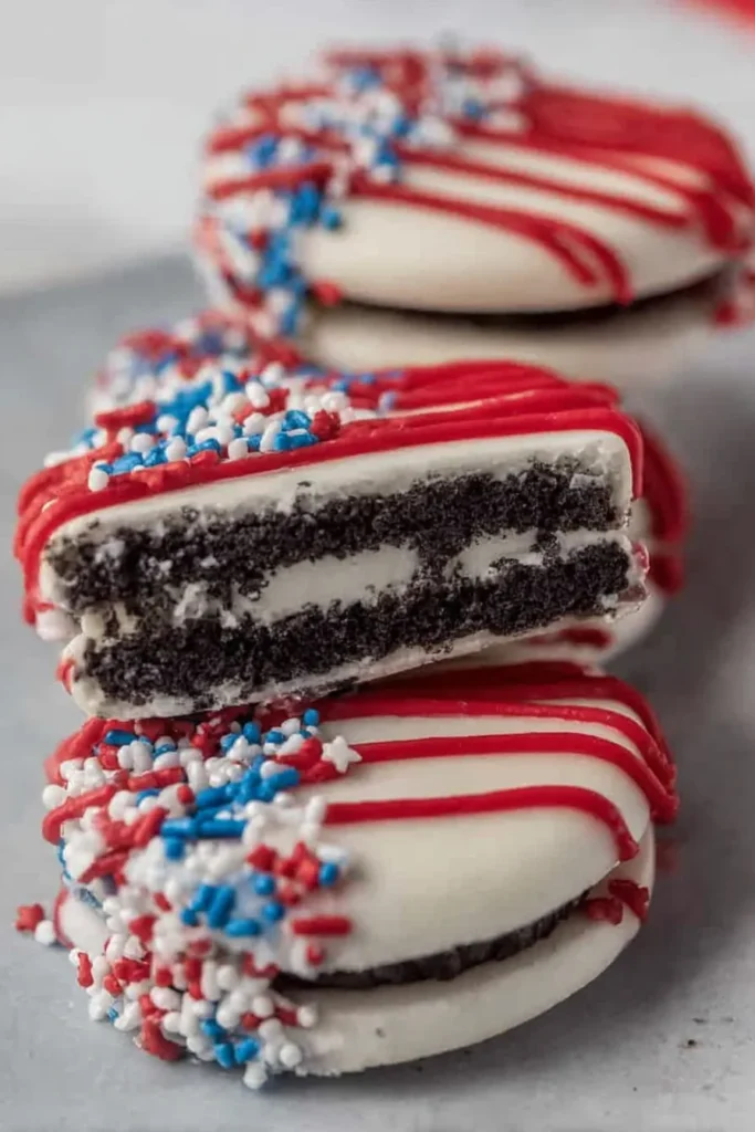 Oreos Dipped in White Chocolate 1 Oreos dipped in white chocolate with patriotic sprinkles