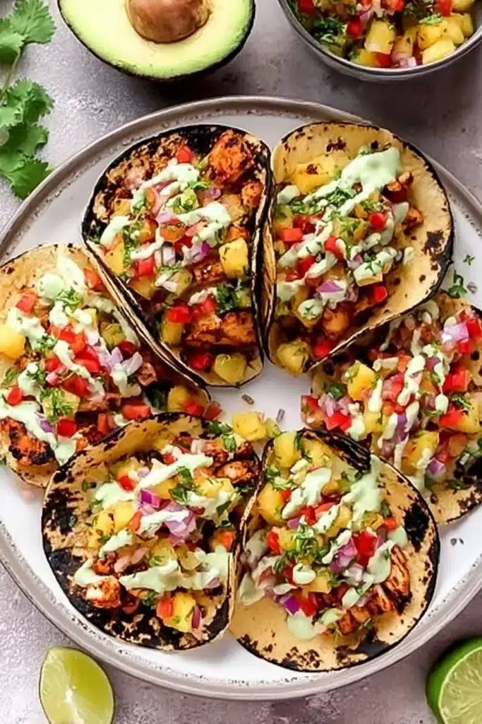 Chili Lime Chicken Tacos 4 Chili lime chicken tacos with pineapple salsa on charred tortillas overhead