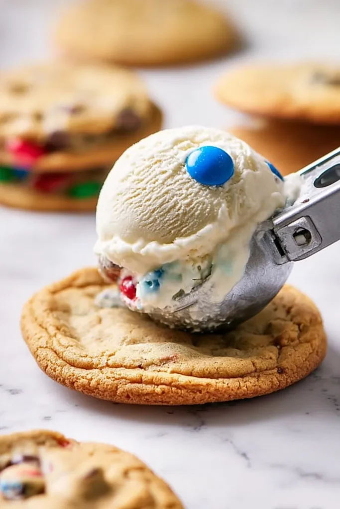 4th of July Ice Cream Sandwiches 3 4th of July Ice Cream Sandwiches cookie base with patriotic chocolate chip cookies