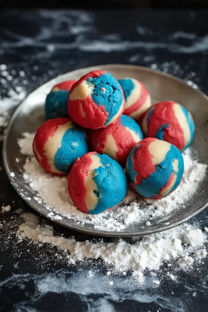Patriotic Crinkle Cookies 3 Patriotic Crinkle Cookies dough in red white and blue bowls