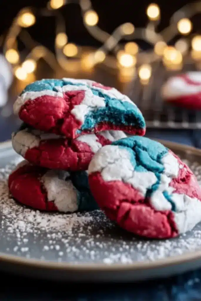 Patriotic Crinkle Cookies 1 Patriotic crinkle cookies with red white and blue swirls on a plate