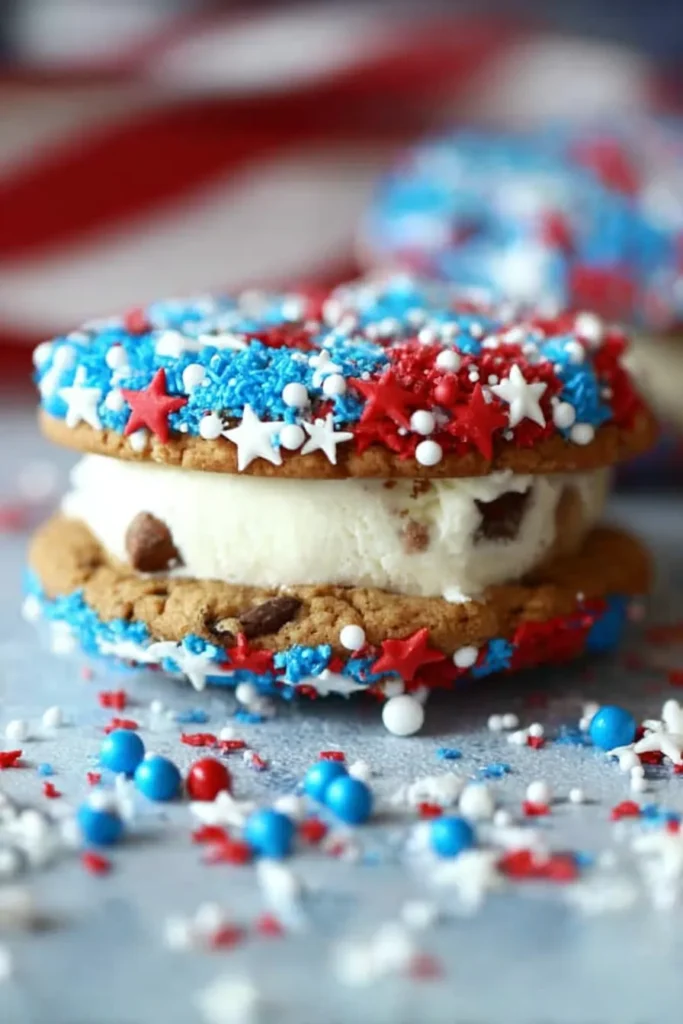 Patriotic Ice Cream Sandwiches 1 Patriotic Ice Cream Sandwiches with vanilla ice cream and red white blue sprinkles