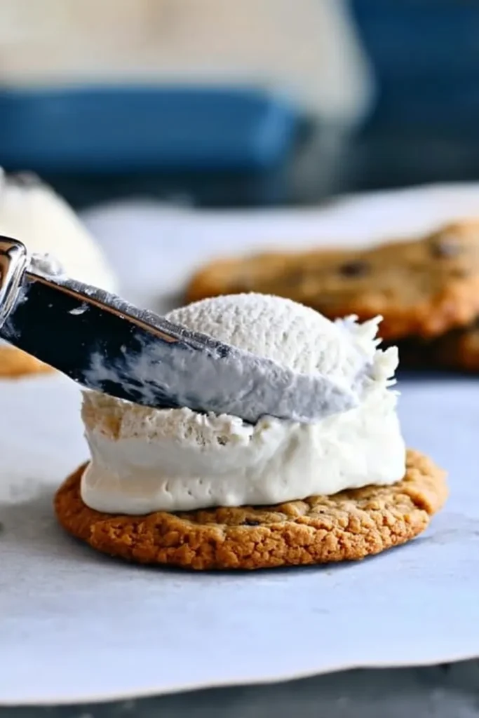 Patriotic Ice Cream Sandwiches 3 Patriotic Ice Cream Sandwiches with vanilla ice cream scooped onto a cookie