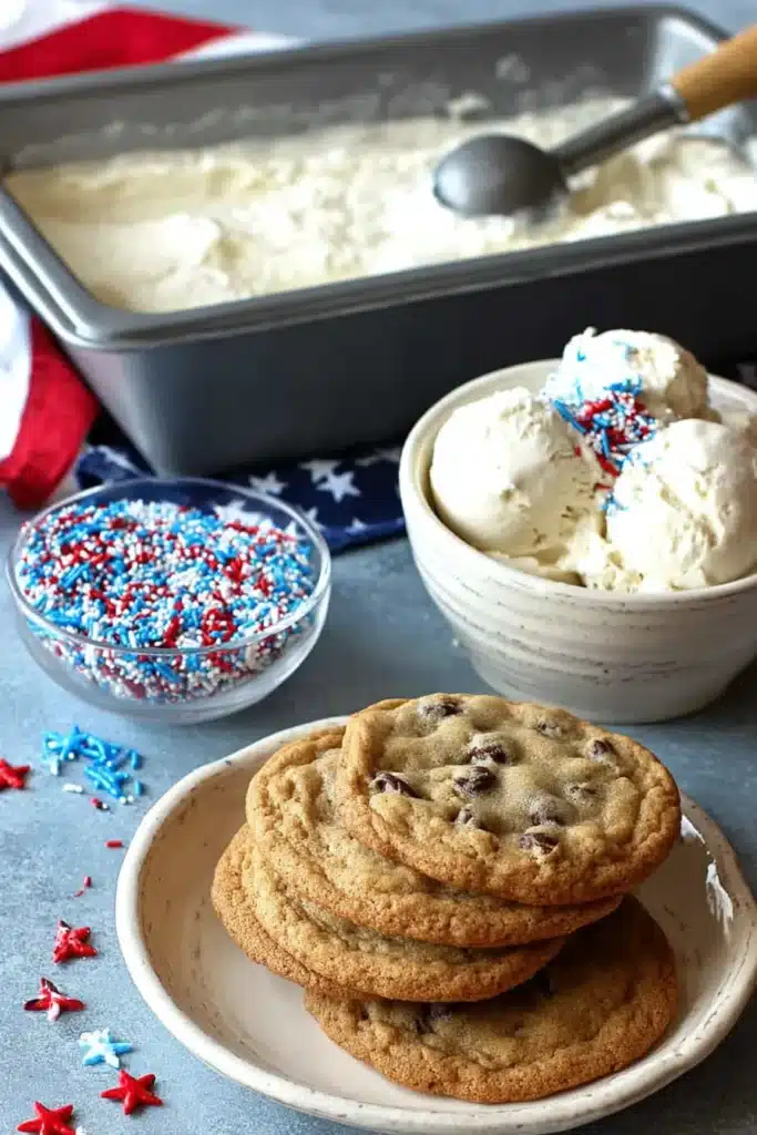 Patriotic Ice Cream Sandwiches 2 Patriotic Ice Cream Sandwiches ingredients with cookies ice cream and sprinkles