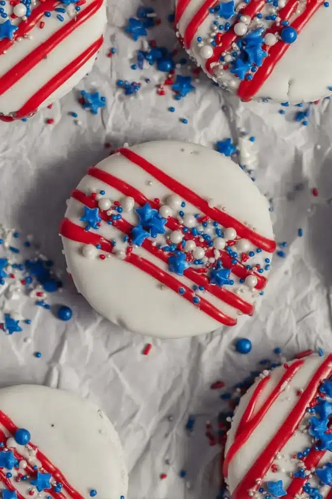 Oreos Dipped in White Chocolate 4 Oreos Dipped in White Chocolate with patriotic candy drizzle