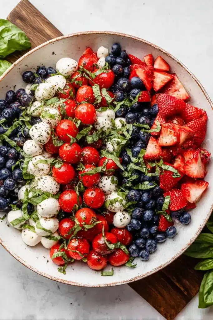 Red White and Blue Caprese Salad 3 Red White and Blue Caprese Salad with tomatoes blueberries strawberries and mozzarella