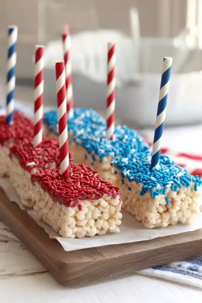 Patriotic Rice Krispie treat pops with red and blue coating and striped sticks