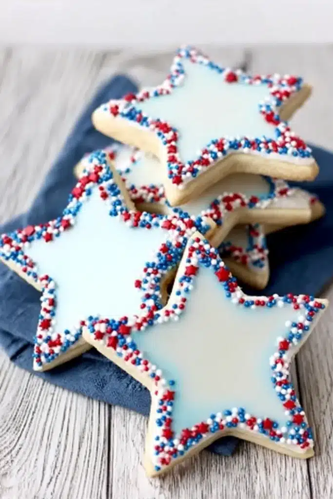Star Cookies 4 Decorated Star Cookies with blue royal icing and patriotic sprinkle borders on a serving platter