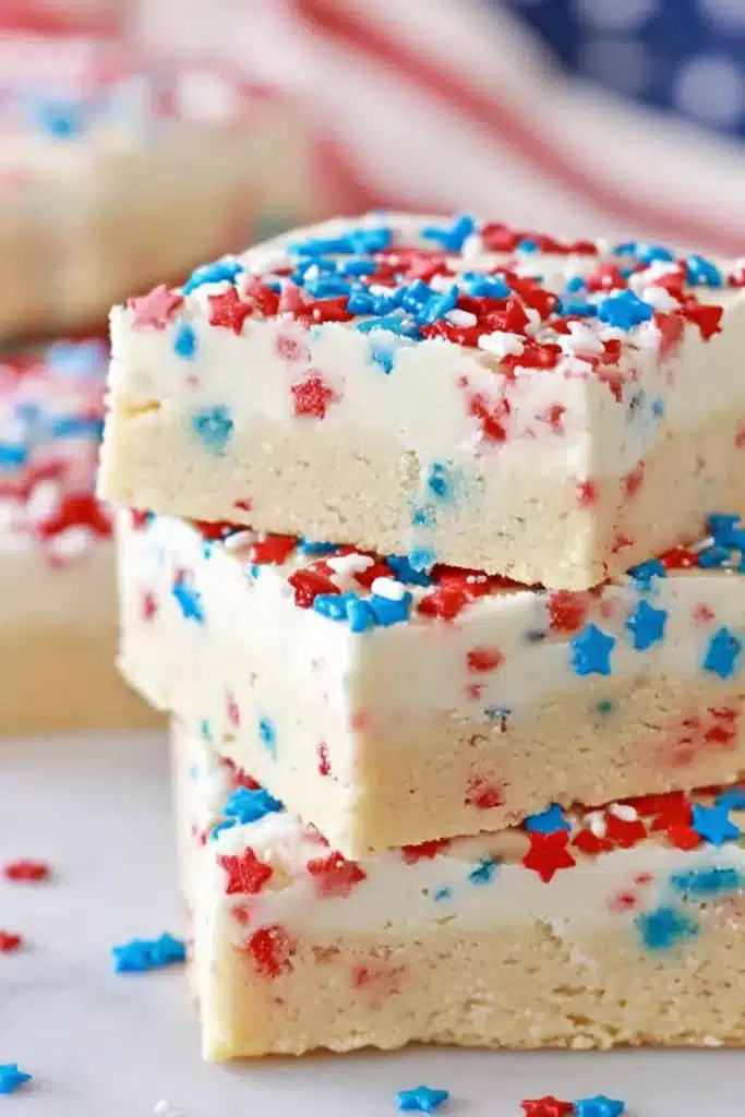 Patriotic Sugar Cookie Bars for the Perfect 4th of July Dessert 1 Patriotic sugar cookie bars with creamy frosting and red white blue sprinkles