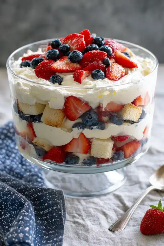 Patriotic Trifle Dessert 1 Patriotic trifle dessert with strawberries blueberries whipped cream and cake layers