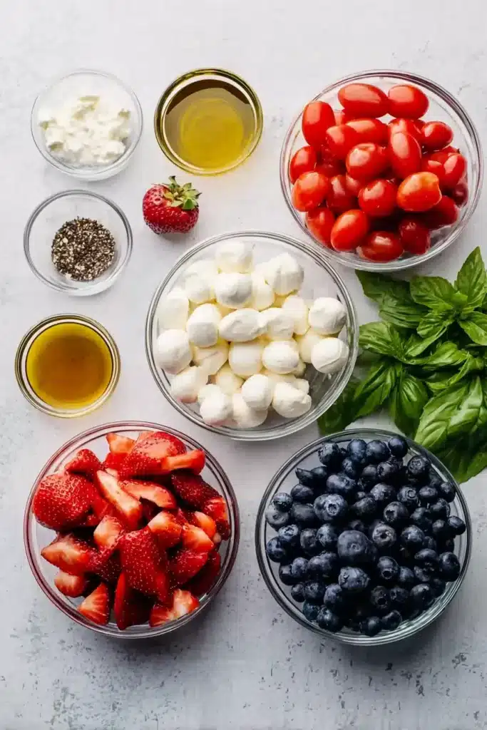 Red White and Blue Caprese Salad 2 Red White and Blue Caprese Salad ingredients with tomatoes berries mozzarella and basil