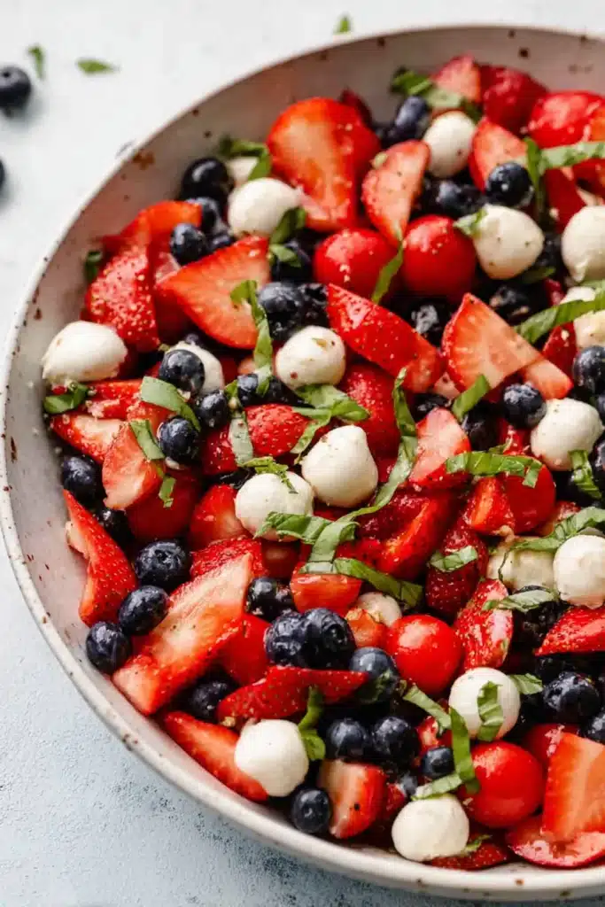 Red White and Blue Caprese Salad 1 Red White and Blue Caprese Salad with strawberries blueberries mozzarella and tomatoes
