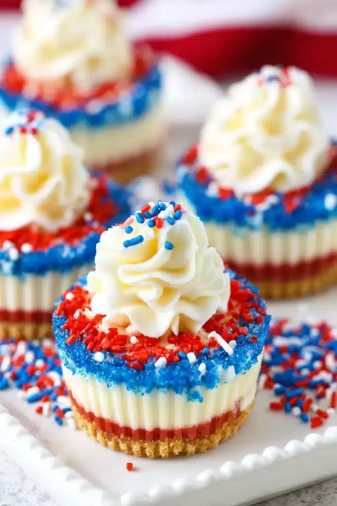 Red White and Blue Mini Cheesecakes 1 Red White and Blue Mini Cheesecakes with whipped cream and patriotic sprinkles