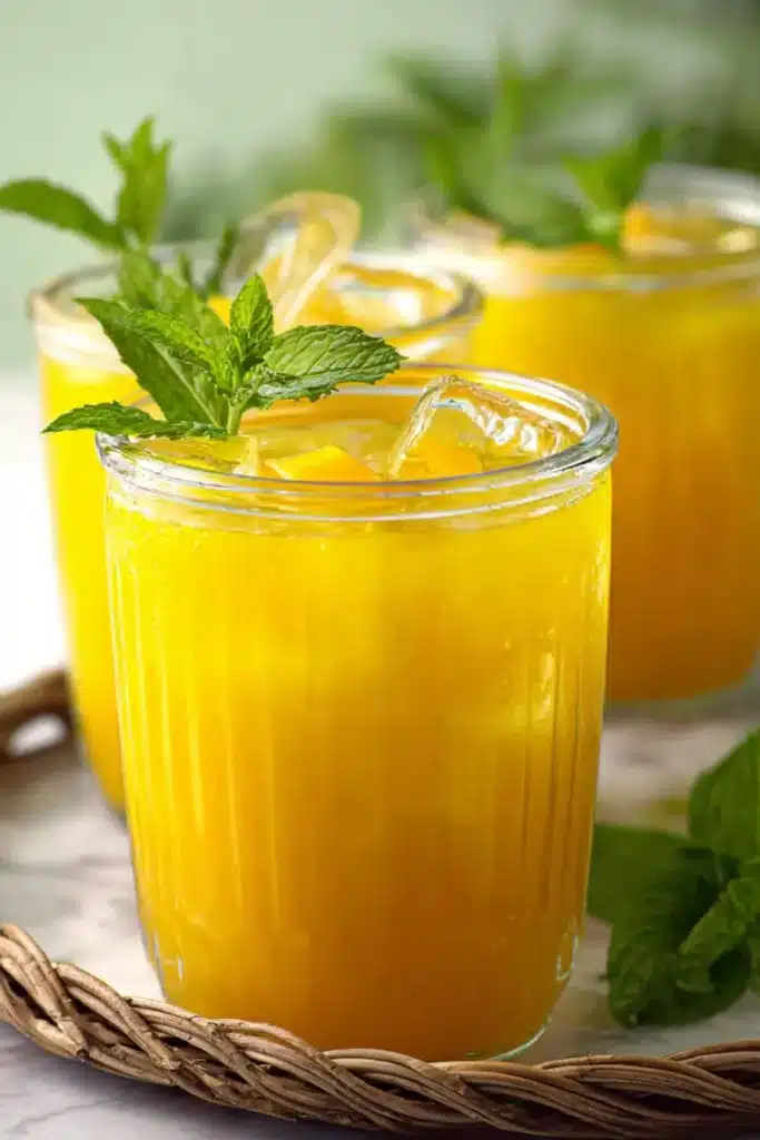 Refreshing Homemade Mango Lemonade 1 Refreshing Homemade Mango Lemonade with mint and ice in glass jars