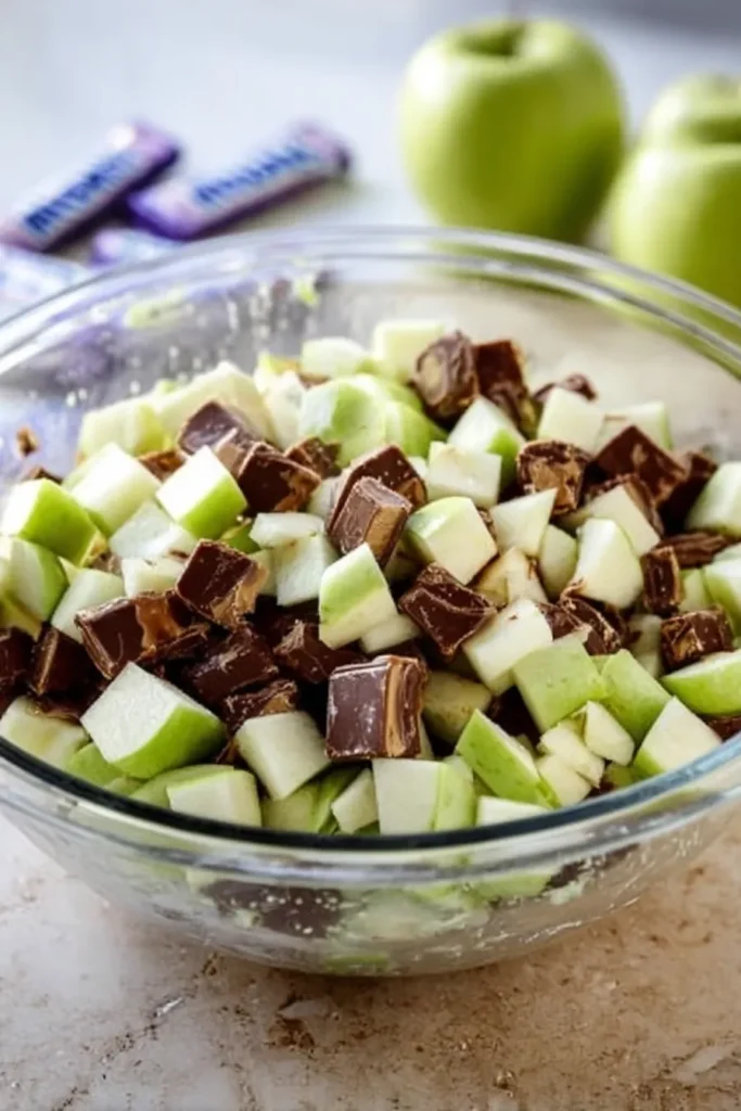 Snickers Salad 3 Snickers Salad apples and candy bars in a bowl