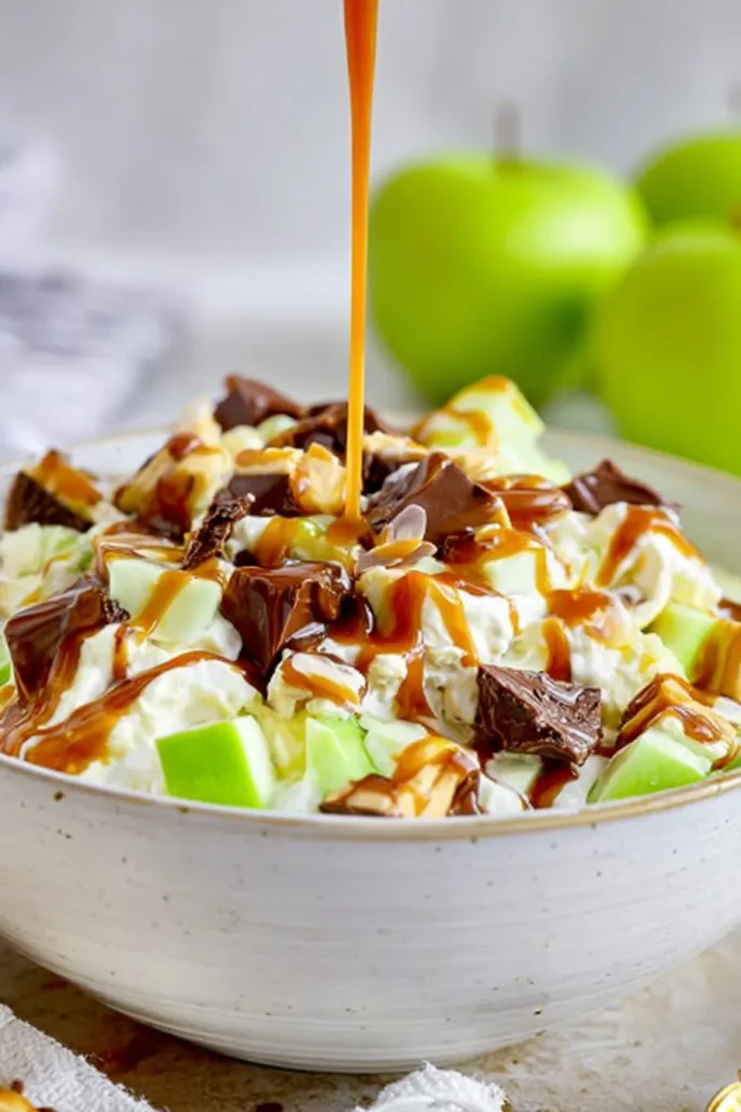 Snickers Salad 1 Snickers Salad with caramel drizzle and candy bars