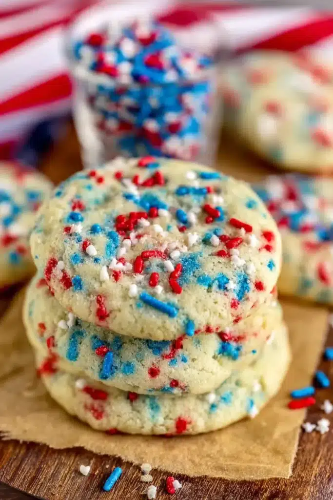 4th of July Sprinkle Cookies 4 Soft 4th of July Sprinkle Cookies stacked with patriotic sprinkles