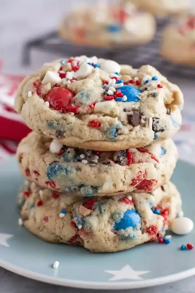 4th of July Cookies Recipe 2 Stacked 4th of July Cookies with Oreo chunks and patriotic candy