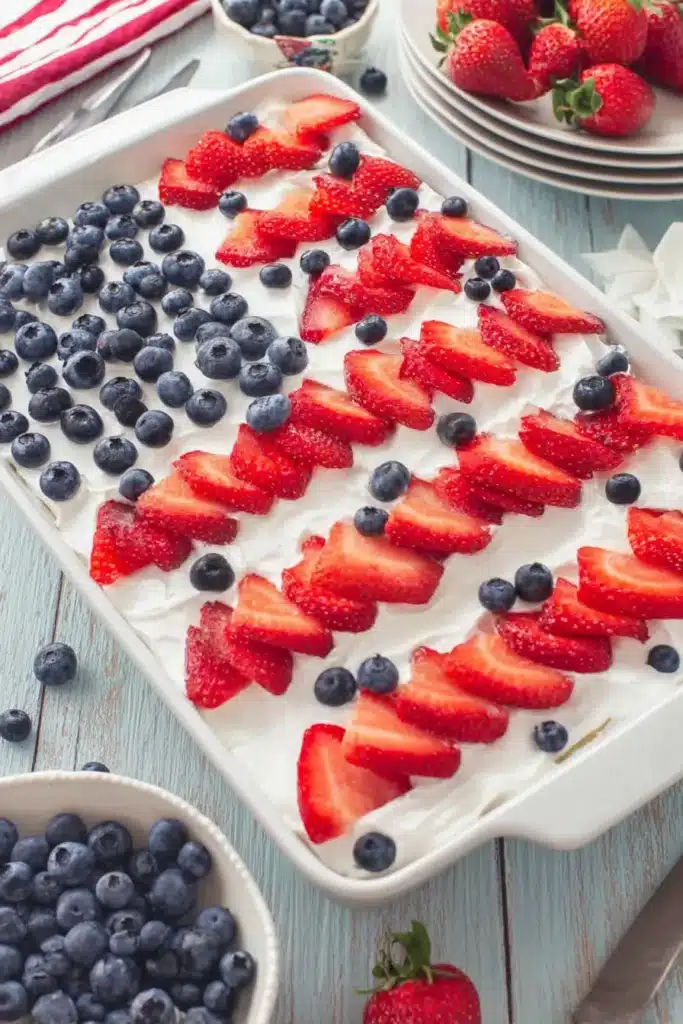 Strawberry Jello Flag Cake 3 Strawberry Jello Flag Cake with berries for 4th of July
