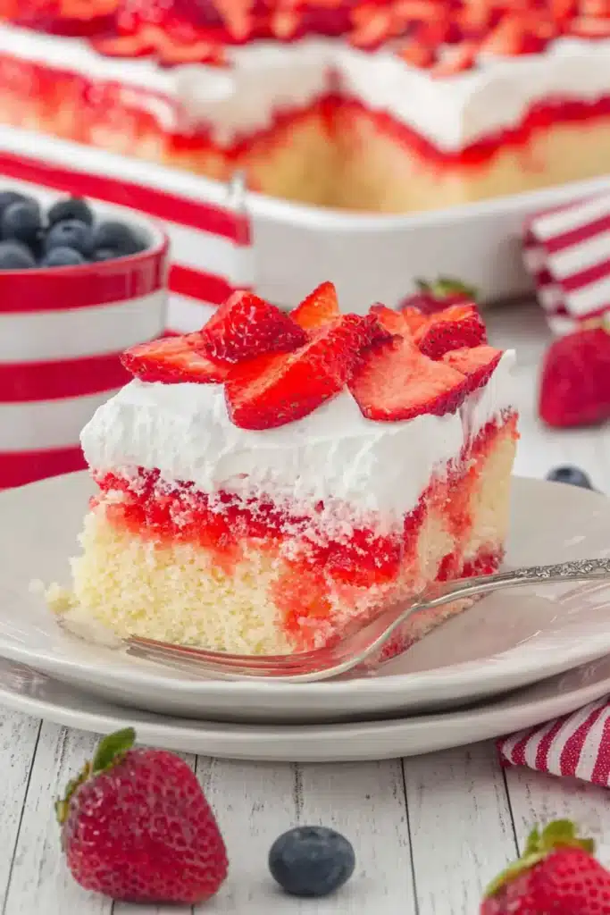 Strawberry Jello Flag Cake 1 Strawberry Jello Flag Cake batter poured into baking pan