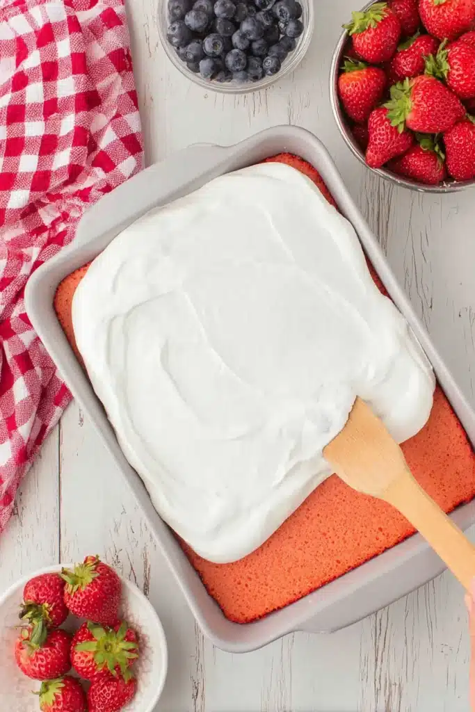 Strawberry Jello Flag Cake 2 Strawberry Jello Flag Cake covered with whipped topping