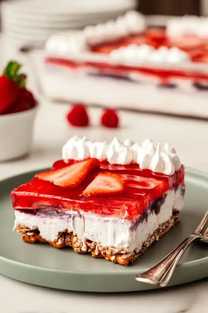 Strawberry Pretzel Jello Salad Recipe for the Perfect 4th of July Dessert 1 Strawberry Pretzel Jello Salad slice with creamy filling and crunchy pretzel crust
