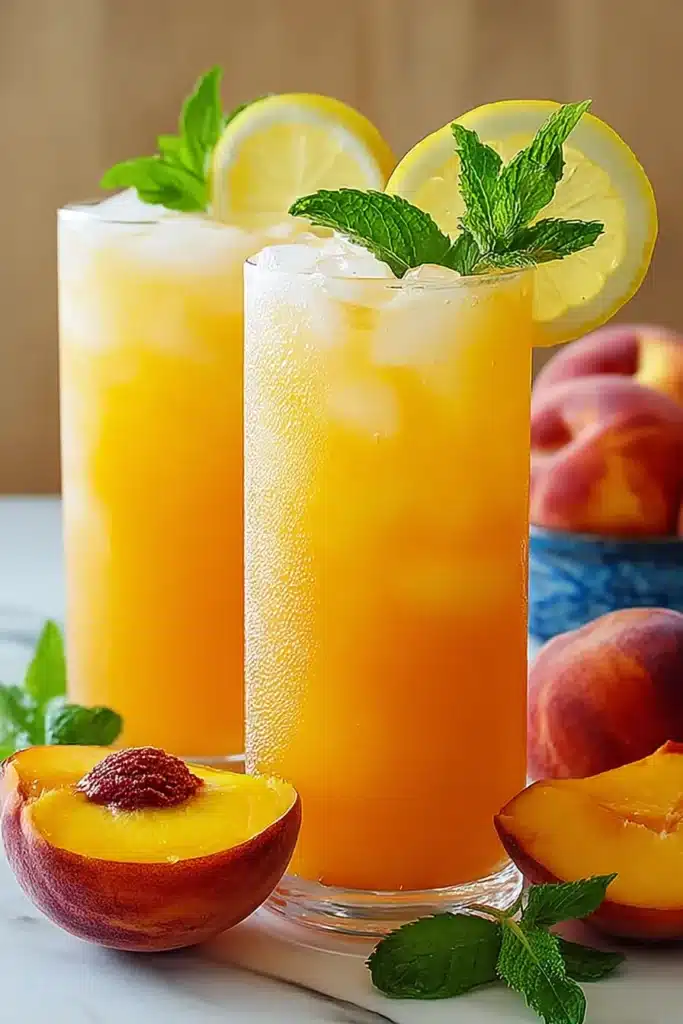 Tart Peach Lemonade 1 Tart Peach Lemonade with fresh peaches, lemon slices, mint, and ice