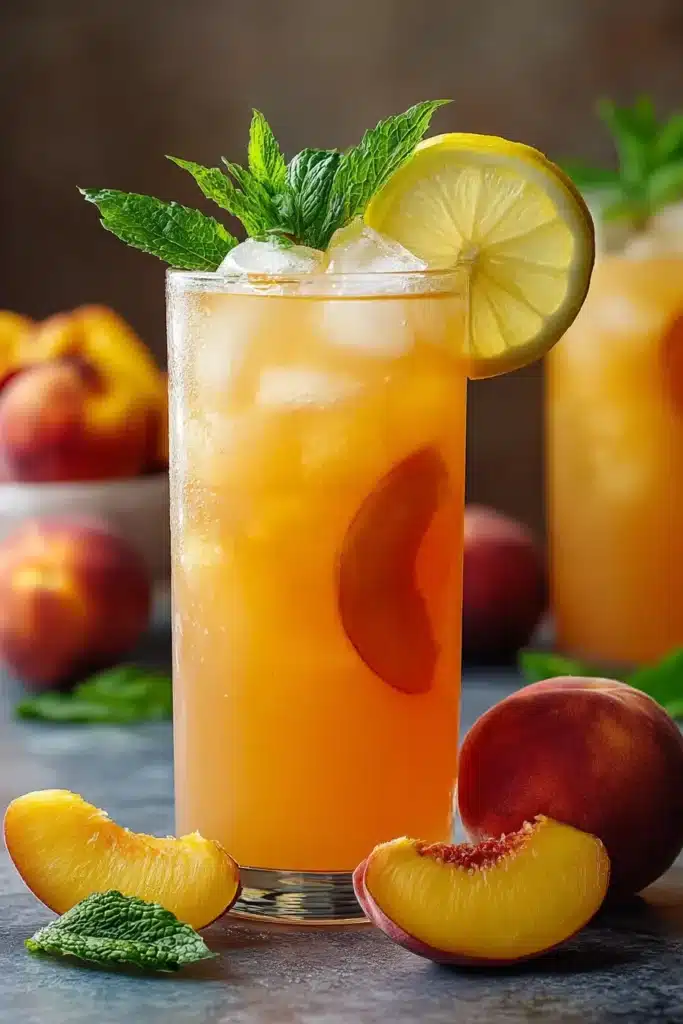 Tart Peach Lemonade 2 Tart Peach Lemonade with mint, lemon slices, and fresh peaches over ice