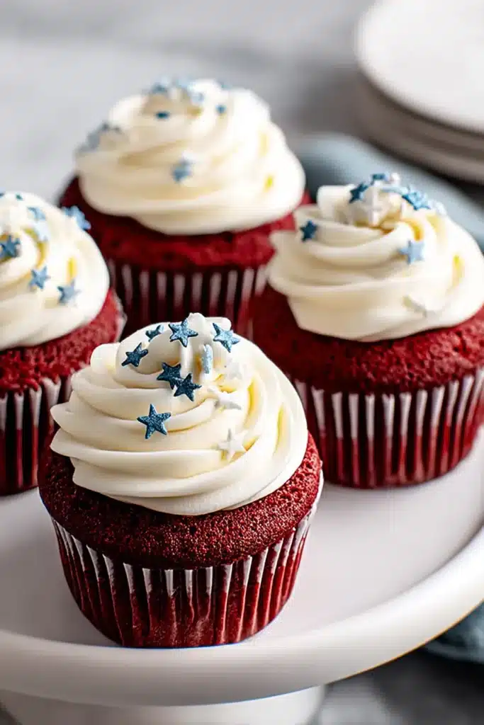 The Best Red Velvet Cupcakes 1 Red velvet cupcakes with cream cheese frosting and patriotic sprinkles