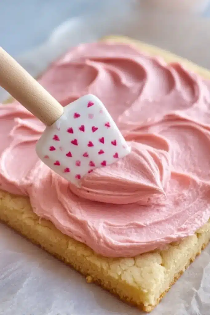 The Best Sugar Cookie Bars 2 The Best Sugar Cookie Bars with creamy pink frosting being spread on cookie bars