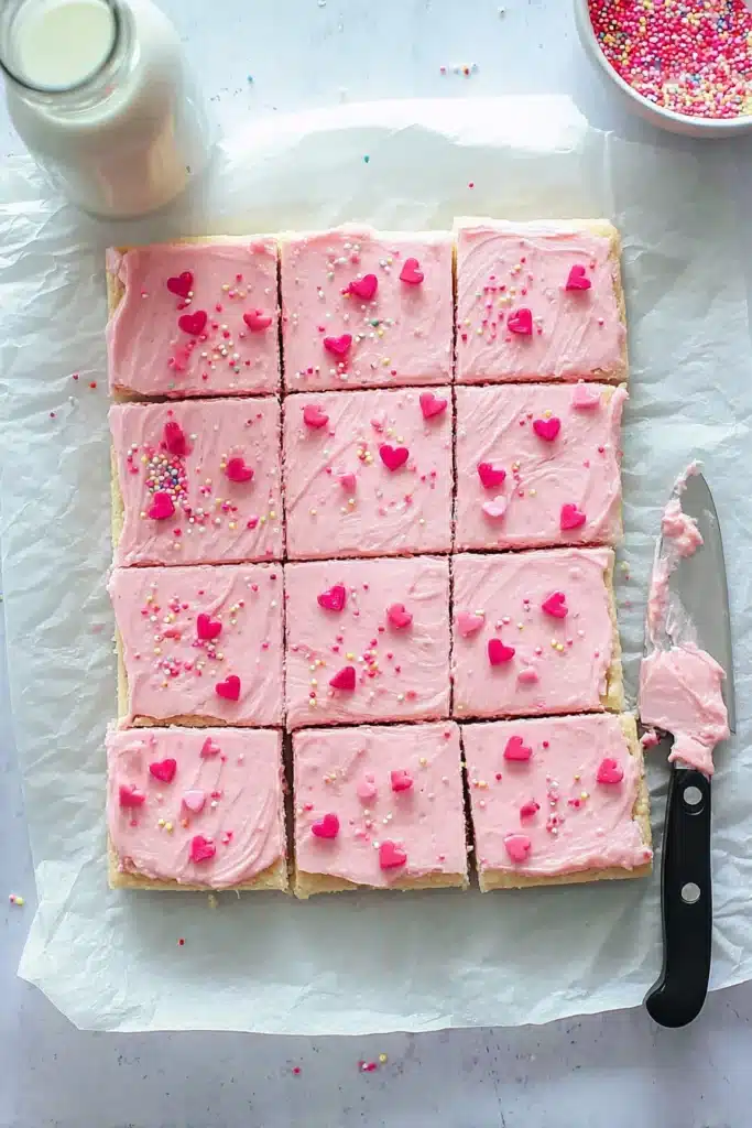 The Best Sugar Cookie Bars 3 The Best Sugar Cookie Bars sliced into squares with pink frosting and sprinkles