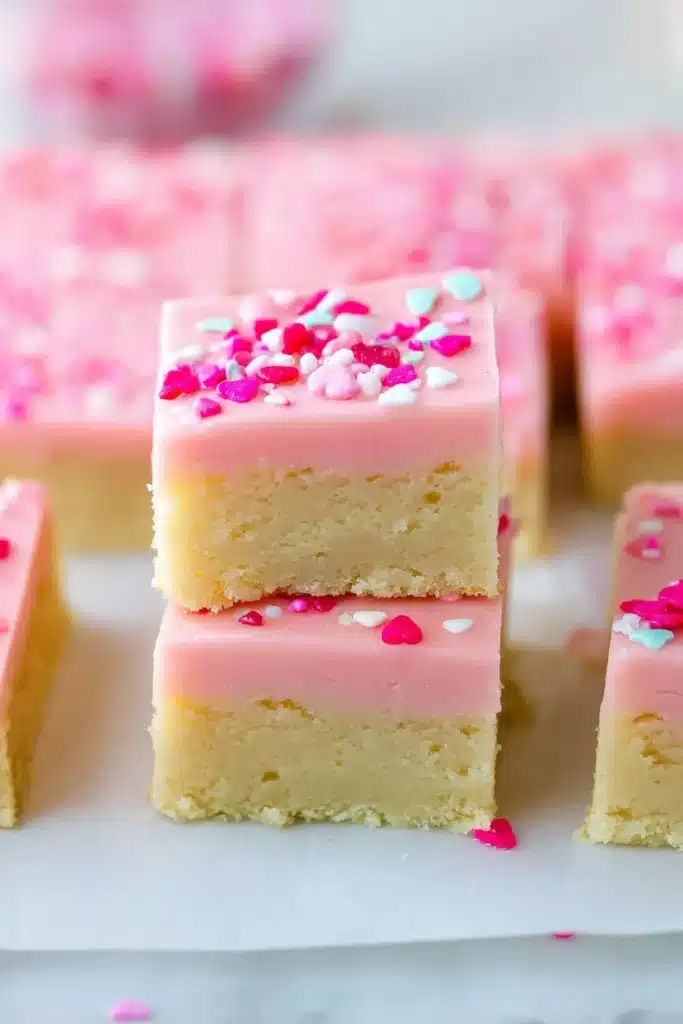 The Best Sugar Cookie Bars 4 The Best Sugar Cookie Bars stacked with pink frosting and colorful sprinkles