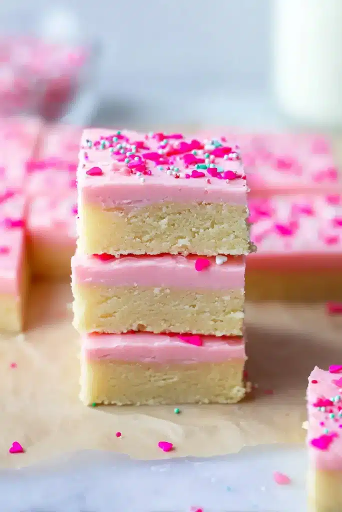 The Best Sugar Cookie Bars 1 Soft sugar cookie bars with pink frosting and sprinkles stacked on parchment paper