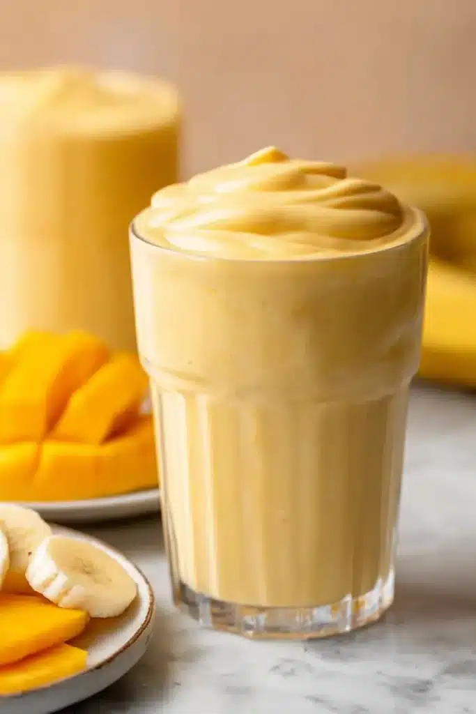 Mango Coconut Milk Smoothie 2 Thick Mango Coconut Milk Smoothie with creamy swirled texture in glass