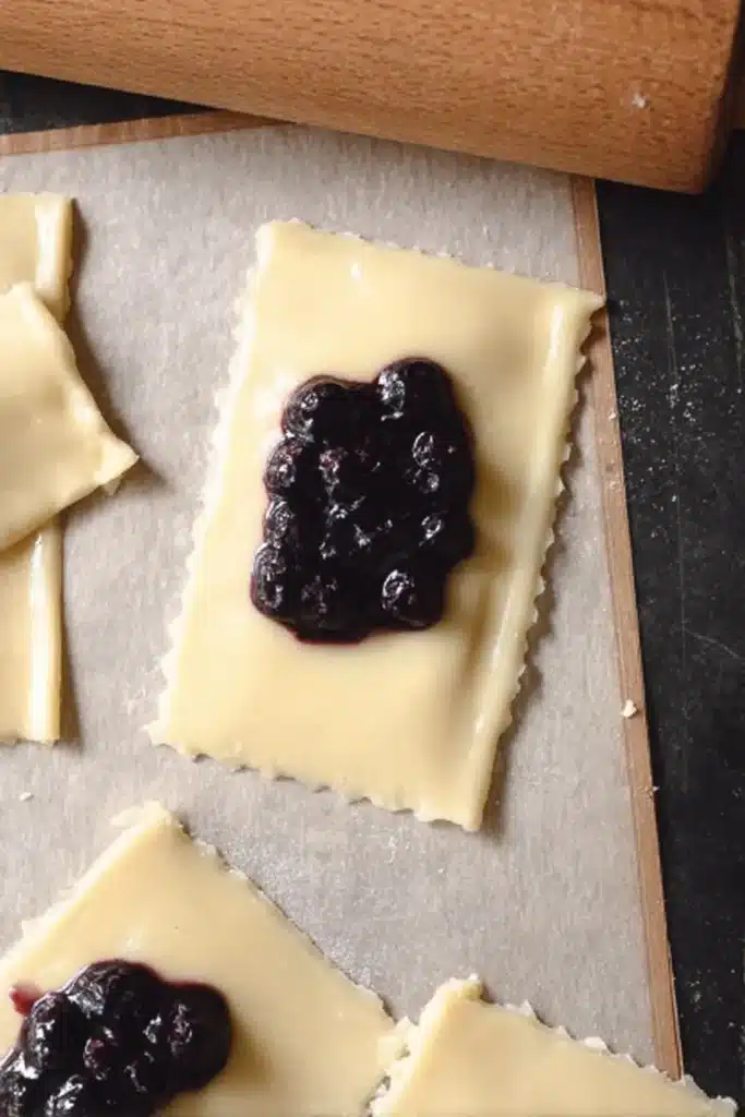 Gluten Free Pop Tarts 3 Unbaked Gluten Free Pop Tarts with coarse sugar topping on parchment paper