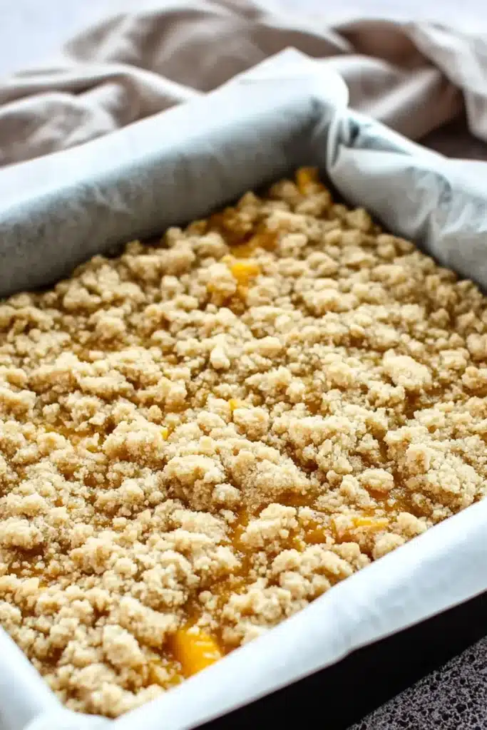 Unbaked Mango Crumb Bars with buttery crumble topping in baking pan