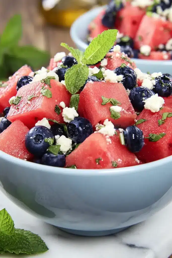 Watermelon Feta Blueberry Salad 1 Watermelon feta blueberry salad with mint in a ceramic bowl