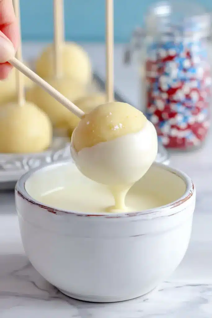 4th of July Cake Pops being dipped in melted white chocolate