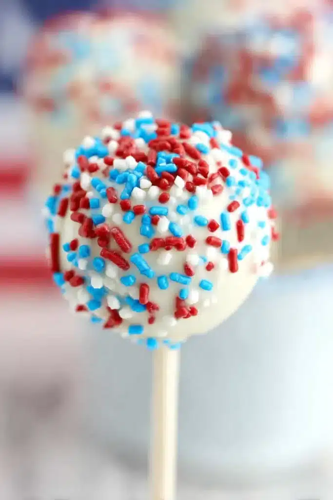 4th of July Cake Pops decorated with red white and blue sprinkles