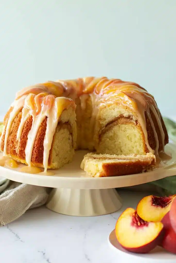 Peach Cobbler Pound Cake 1 Peach cobbler pound cake with glaze on a cake stand and fresh peaches
