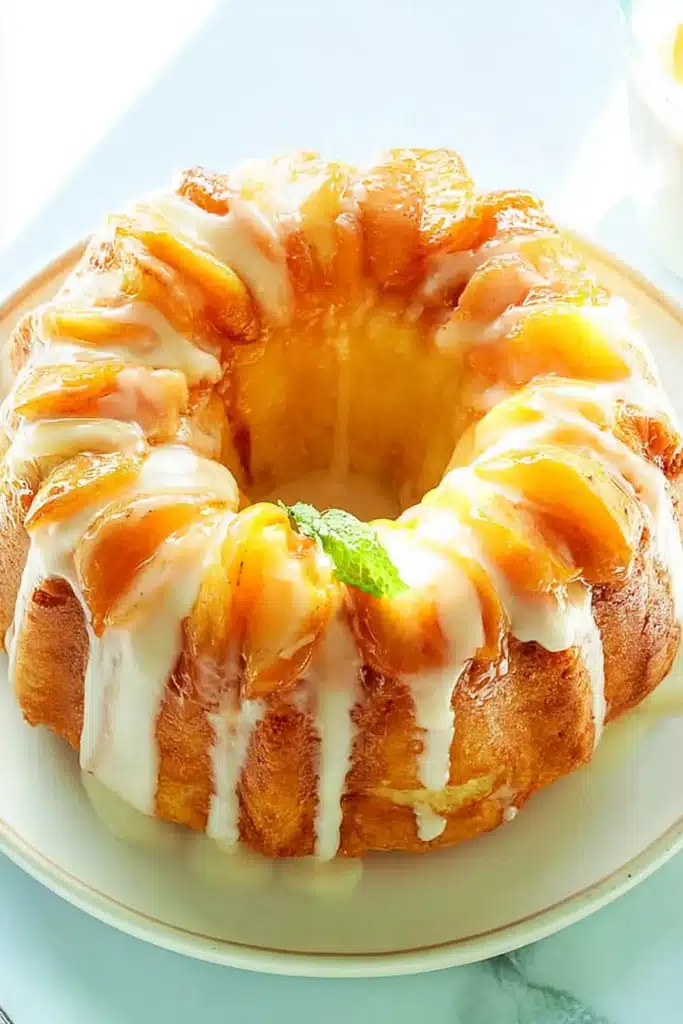 Peach Cobbler Pound Cake 2 Peach Cobbler Pound Cake with glaze and fresh peach topping top view