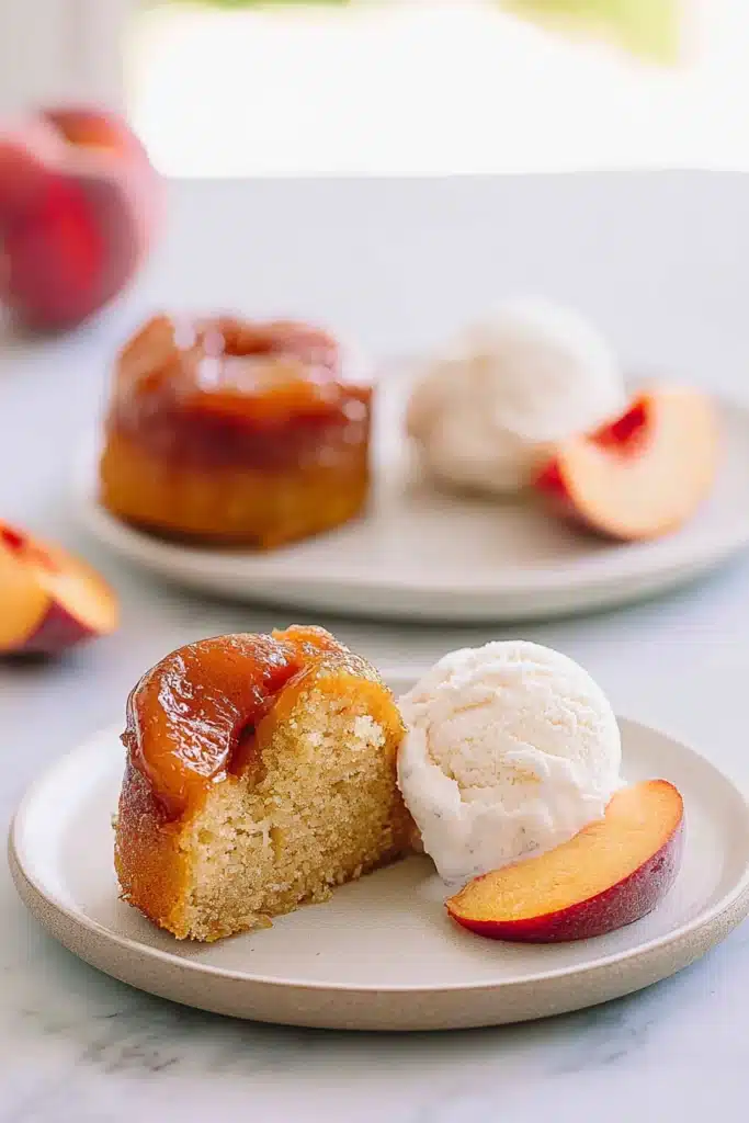 Peach upside down mini cakes served with ice cream and fresh peach slices