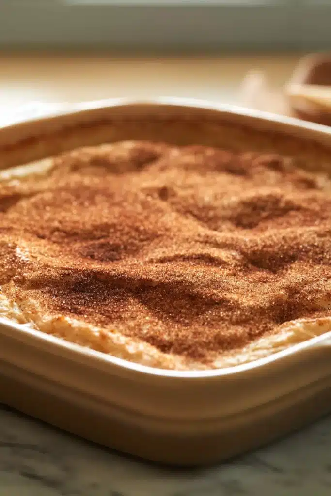 Peaches and Cream Pie with golden cinnamon sugar crust in baking dish