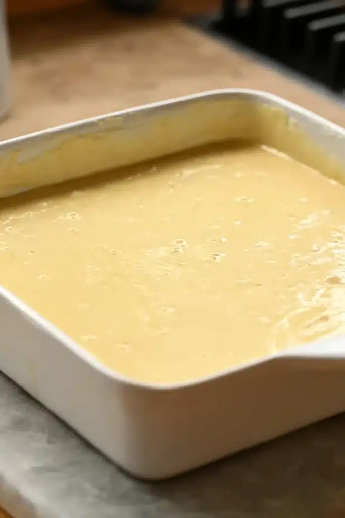 Peaches and Cream Pie batter base in baking dish before layering